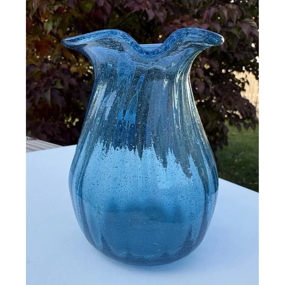 Vintage Aqua Blue Optical Ribbed Bubble Glass Mini Pitcher 4